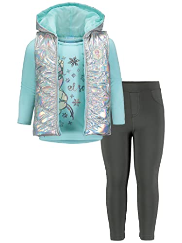 Disney Frozen Elsa Toddler Girls 3 Piece Outfit Set: Vest T-Shirt Legging Aqua/Grey 5T