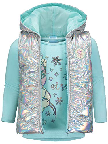 Disney Frozen Elsa Toddler Girls 3 Piece Outfit Set: Vest T-Shirt Legging Aqua/Grey 5T