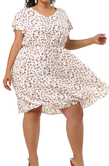 Agnes Orinda Women's Plus Size Summer V Neck Elastic Waist Casual Ditsy Floral Midi Shirt Dresses