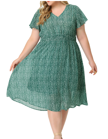 Agnes Orinda Women's Plus Size Summer Dress Ditsy Floral V Neck Smocked Waist Short Sleeve a Line Midi Dress